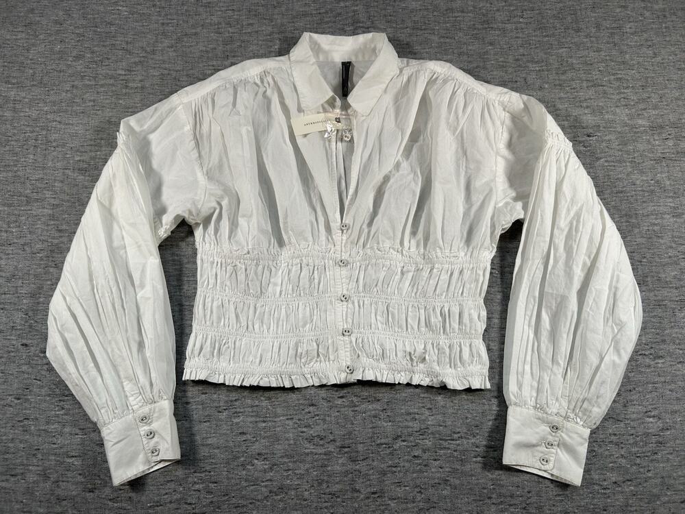 Anthropologie Top Womens Extra Large White Victorian Romantic Smocked Button-Up